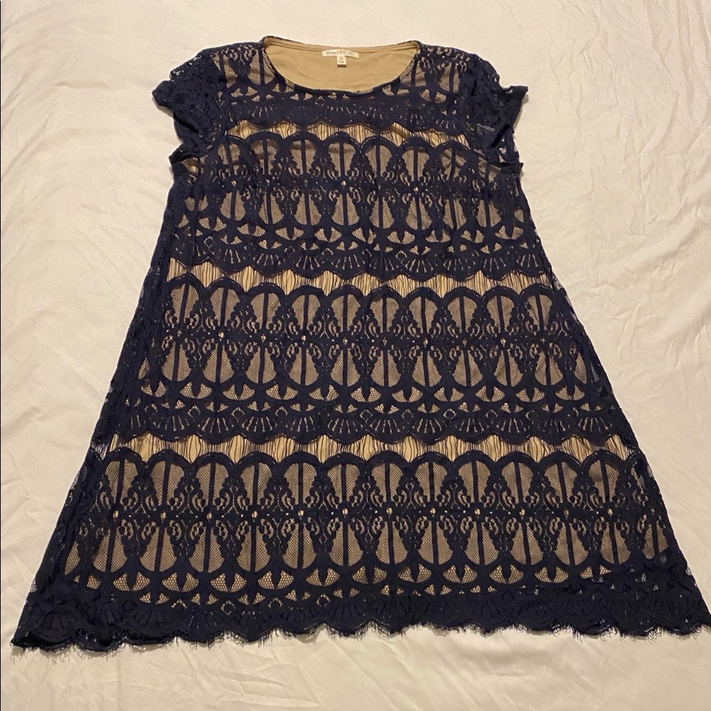 Navy blue lace dress with nude slip